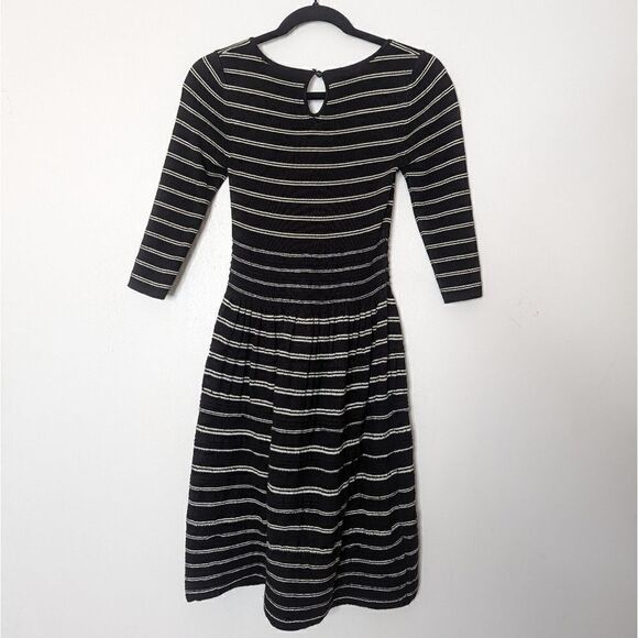 Knitted & Knotted Striped Wool Blend 3/4 Sleeve Midi Dress Black‎ White XS - Picture 2 of 5
